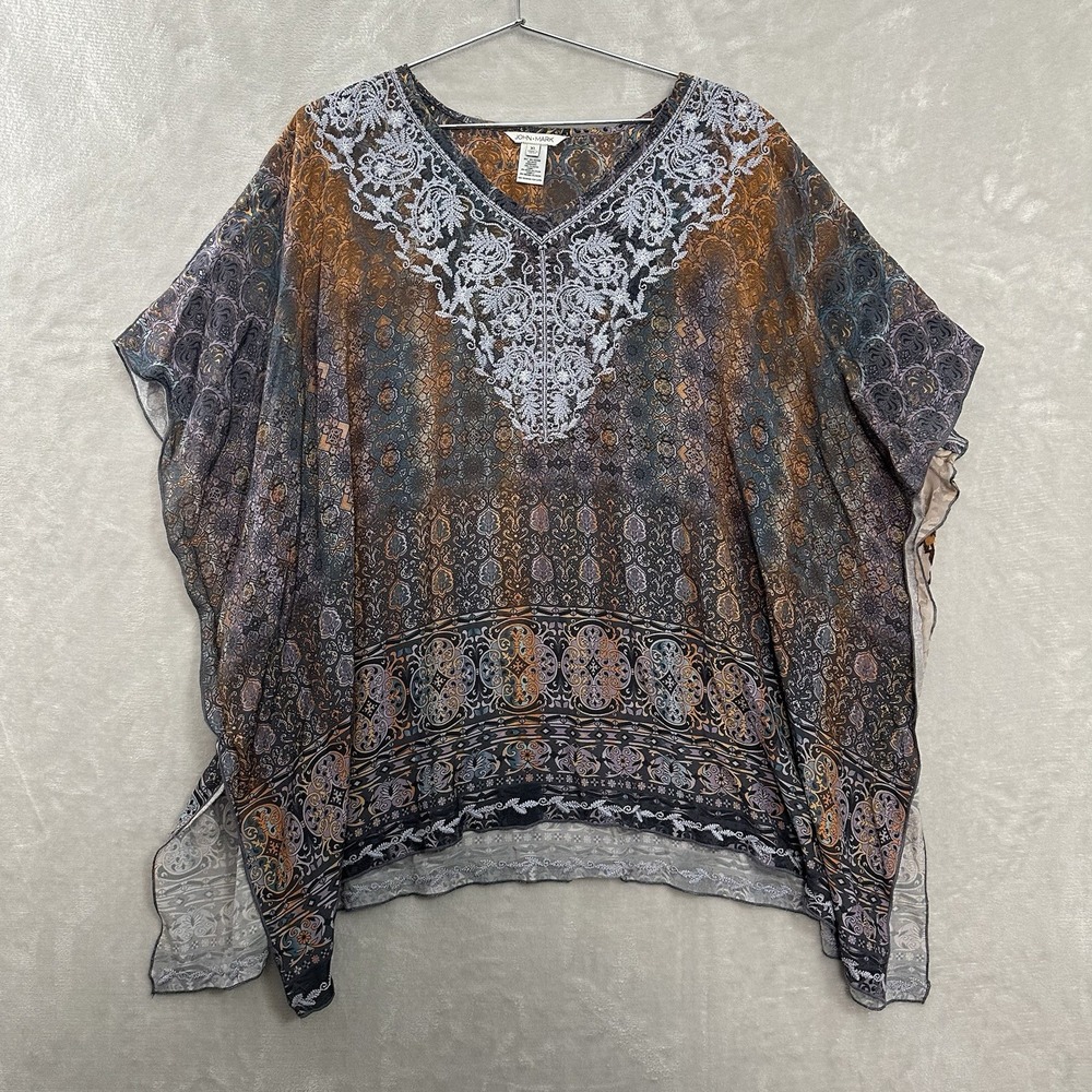 John‎ Mark Embroidered Top Poncho Tunic Boho Artsy Semi Sheer Womens XL